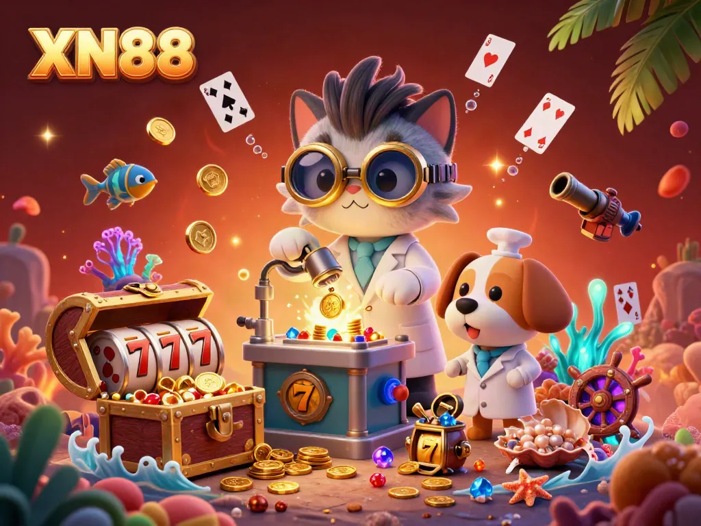 Interact with the lively XN88 scene featuring a mad scientist cat and dog in a vibrant casino-themed underwater setting.