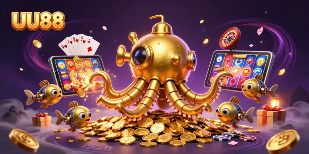 Spin the reels with UU88's vibrant slot game amidst a golden treasure sea.