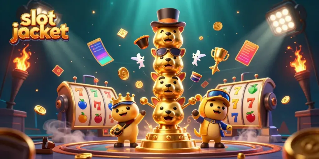 Exciting slot jackpot scene with a golden totem, flying slot reels, and vibrant casino elements.