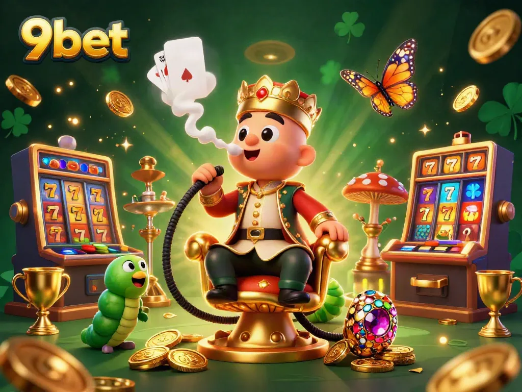 Engage with exciting gaming at 9bet, illustrated through colorful casino elements and a whimsical sultan caterpillar.