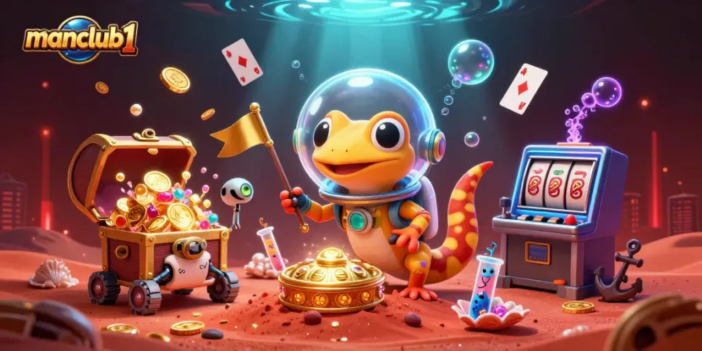 Experience win at manclub1 with Martian gecko exploring a golden casino amidst vivid gaming elements.