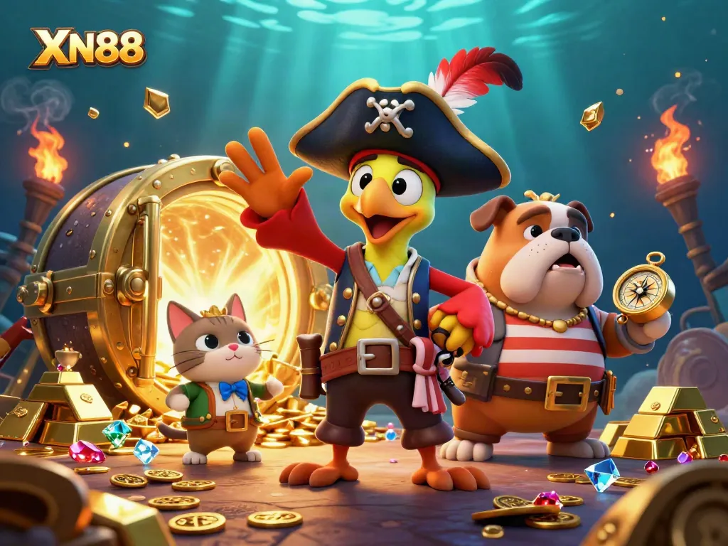 Experience XN88 Casino Adventure with vibrant pirate characters and treasures in a dynamic illustration.