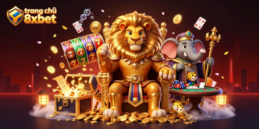 Experience the excitement of trang chủ 8xbet with this vibrant 3D casino illustration featuring a lion king, elephant advisor, and cheetah messenger.