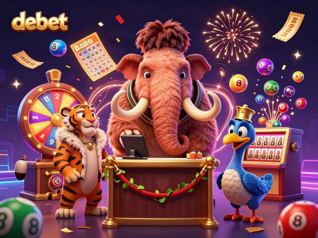 Experience thrilling gaming with debet's vibrant casino scene showcasing fun characters and dynamic lottery elements.