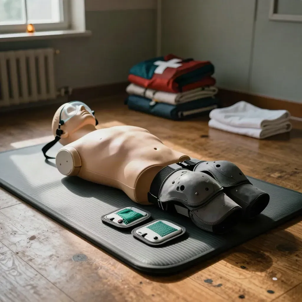 Torso do RKO na macie, maska ratownicza i elektrody treningowe w ciepłym świetle