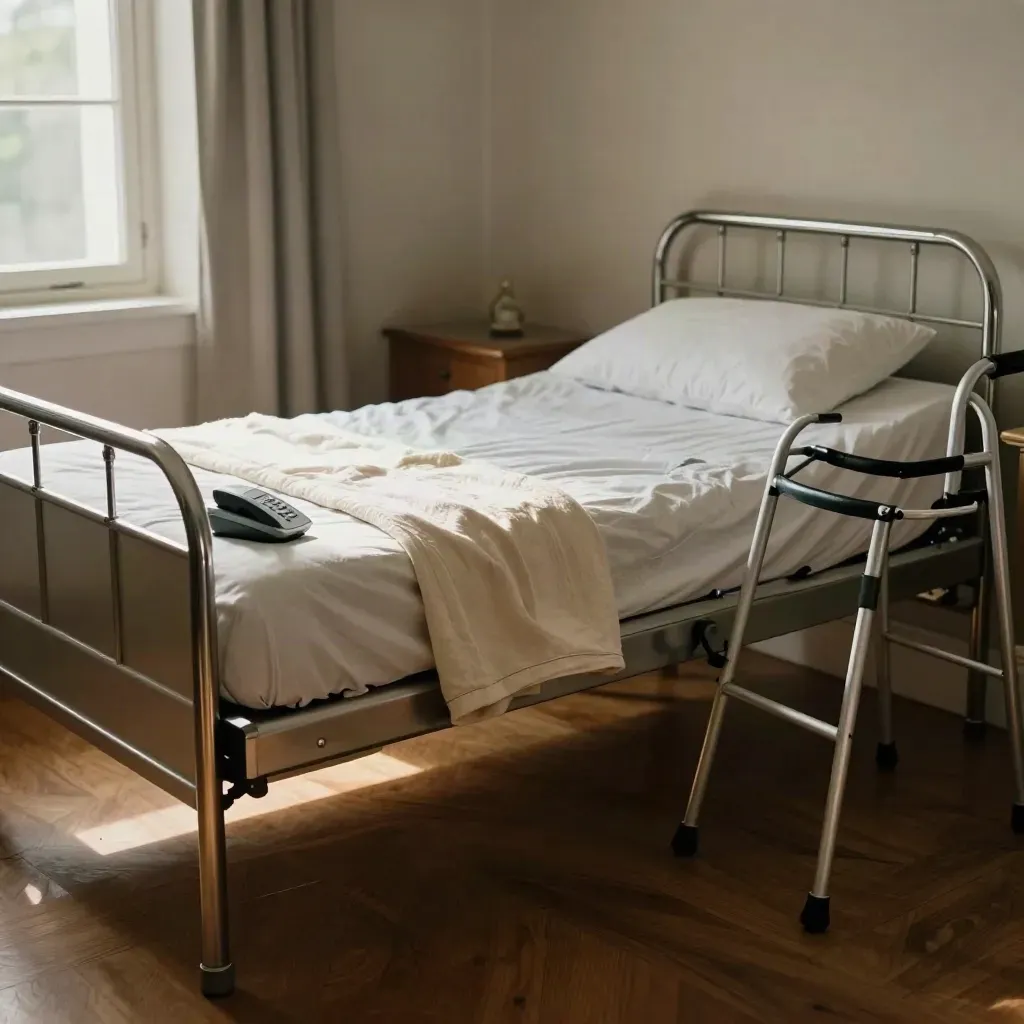 Łóżko opieki seniora z materacem przeciwodleżynowym, balkonikiem i kocem w ciepłym pokoju
