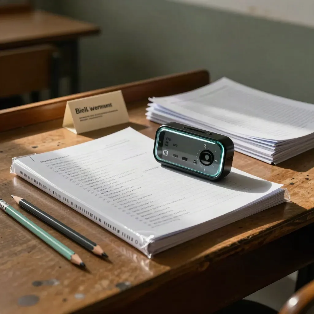 Zestaw do próbnego egzaminu: timer, zamknięty workbook i ołówki na ciemnym biurku.