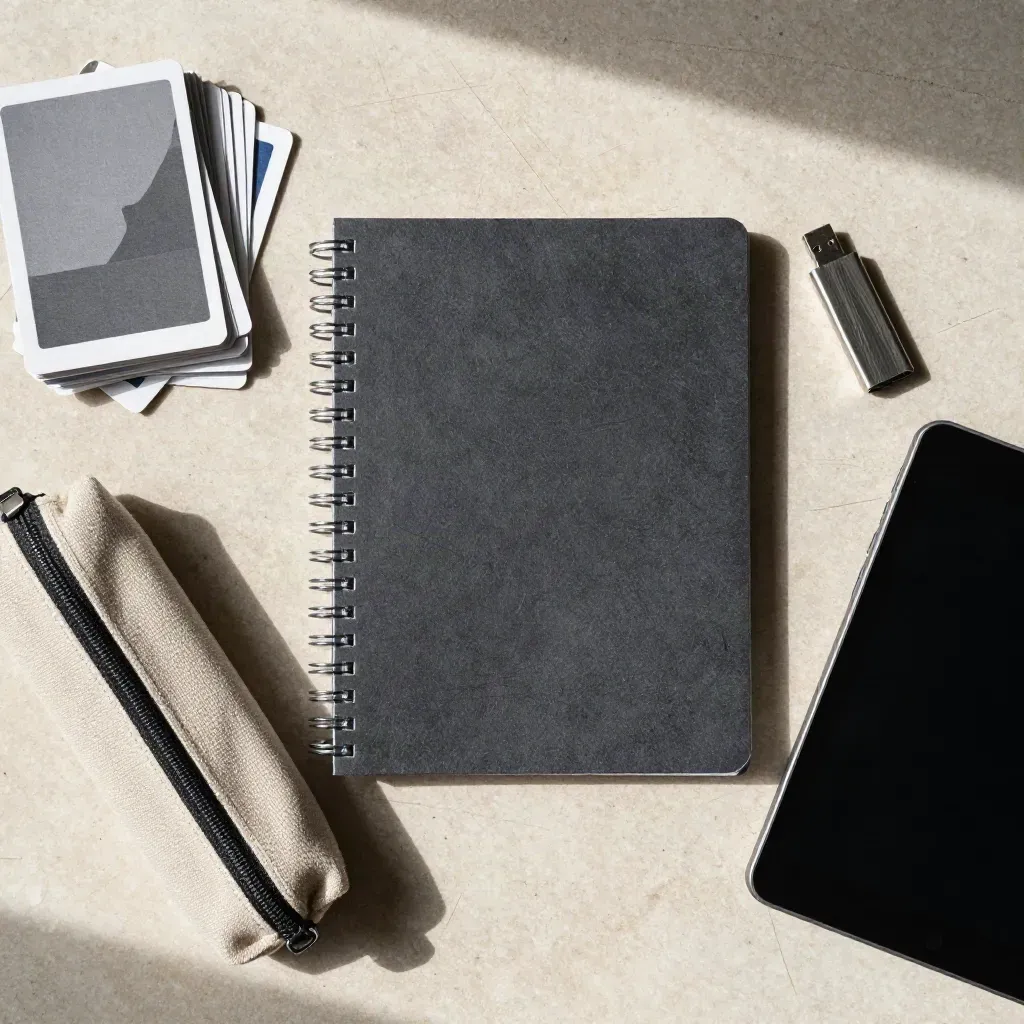 Zamknięty spiralny workbook, fiszki, etui, pendrive i tablet na jasnym kamieniu.