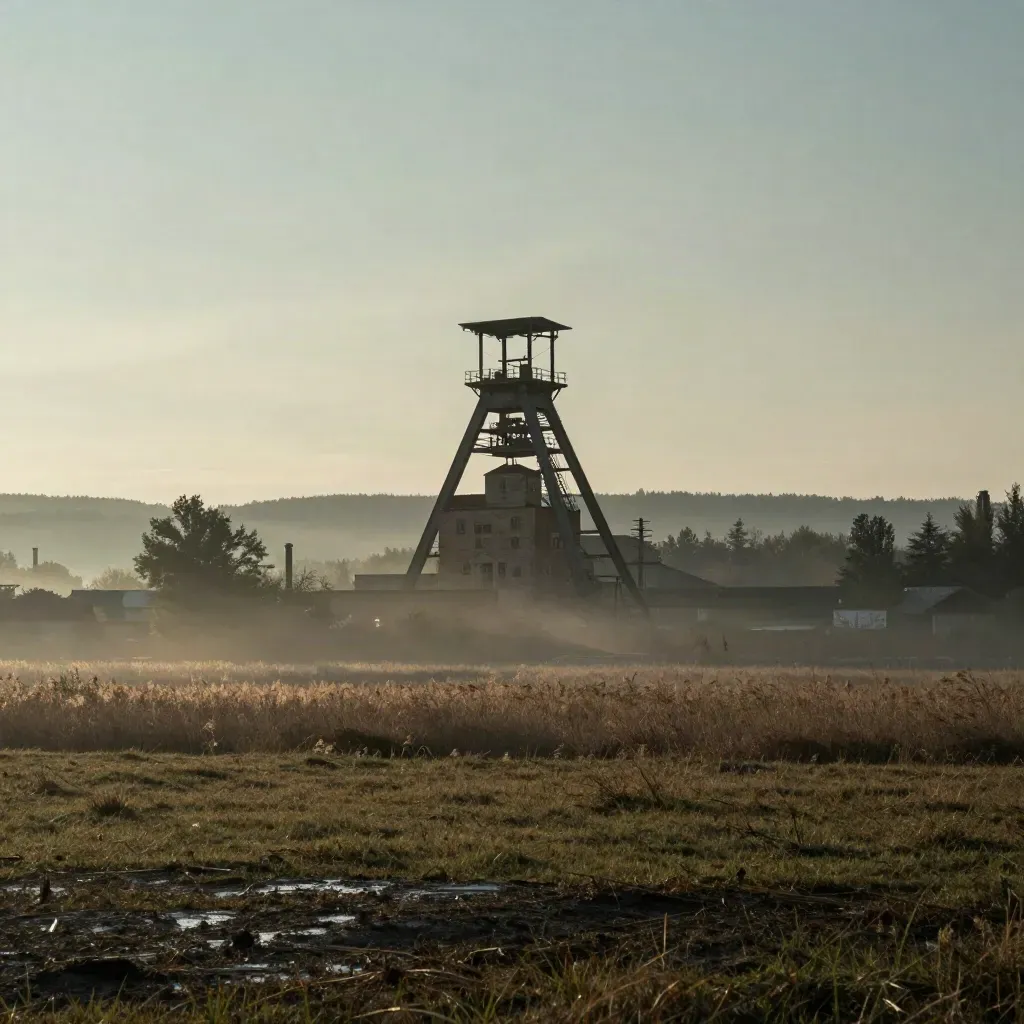 Wieża szybu kopalnianego nad mglistym śląskim krajobrazem o zmierzchu