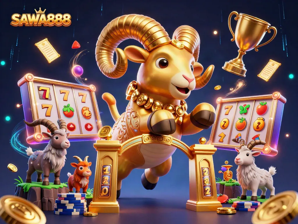 Engage in exciting slots with SAWA888's golden ram animation and dynamic elements!