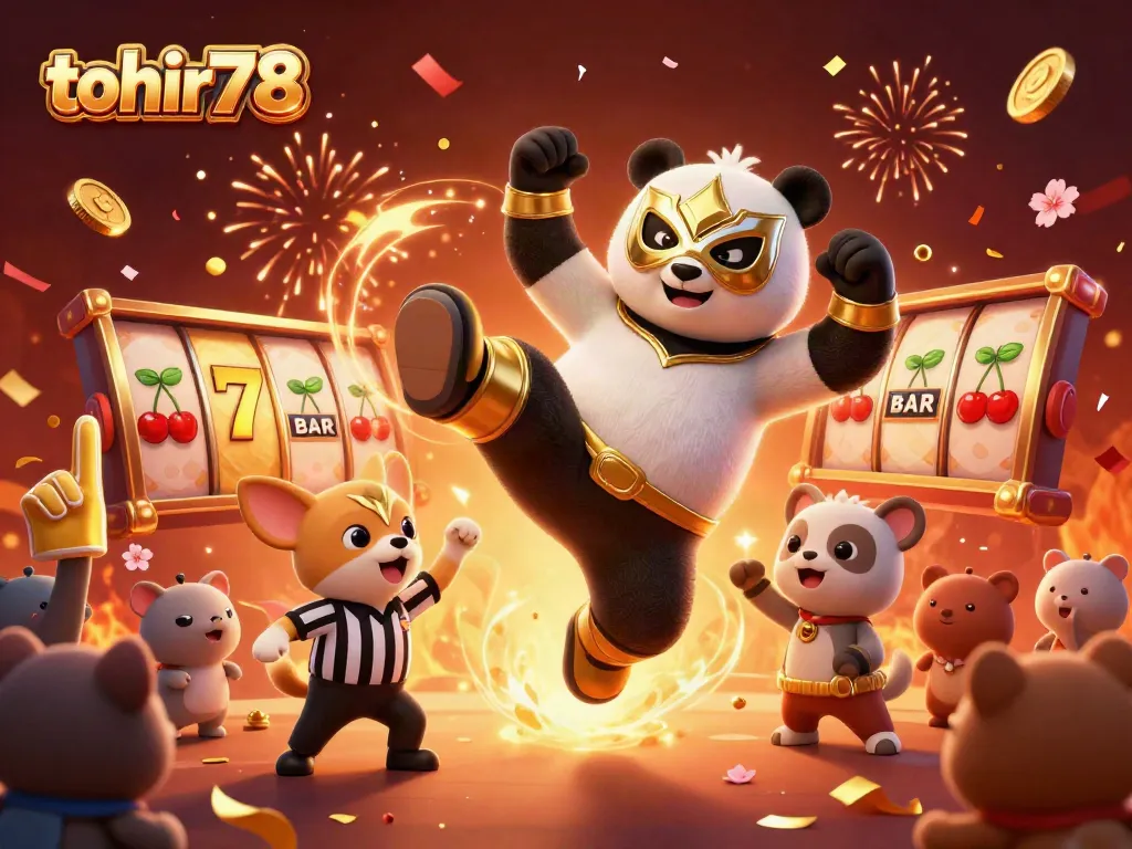 Engaging casino scene with a tohir78 theme, showcasing a panda wrestler kicking while the crowd cheers.
