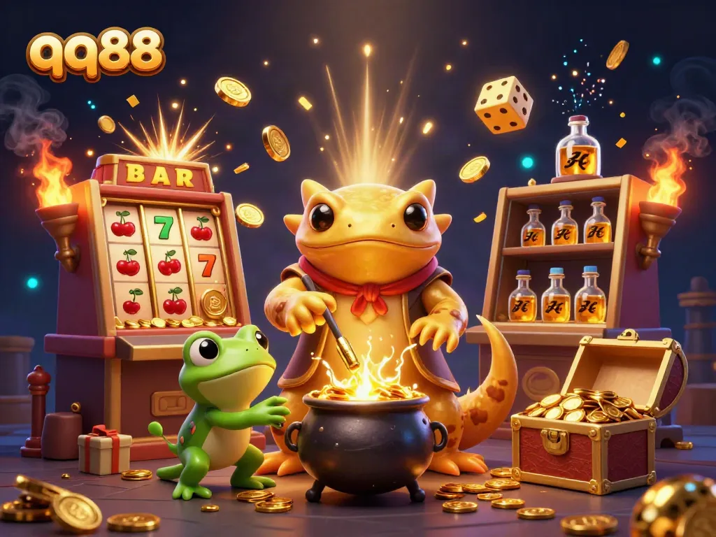Experience exciting gameplay at qq88 with a cartoon alchemist transforming gold and vibrant slot symbols.