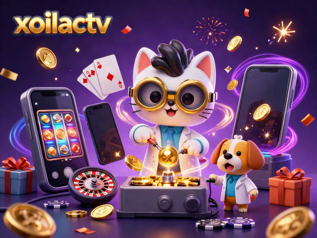 Catch the excitement with xoilactv's animated gambling scene featuring slot games and celebratory effects.