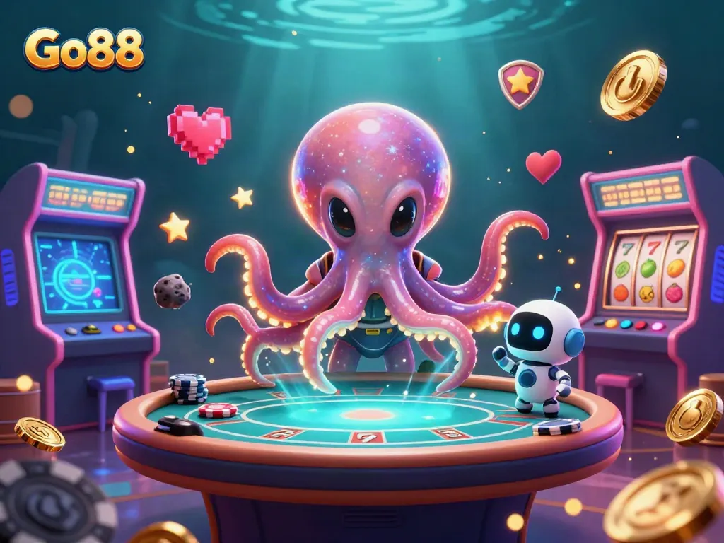 Engage with Go88's immersive casino universe through a vibrant alien octopus playing poker.