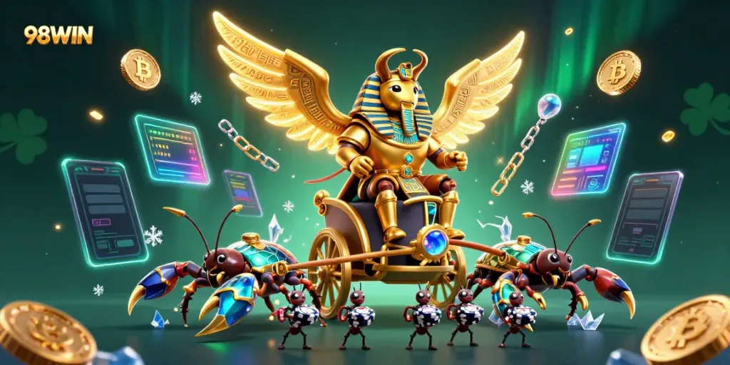 Engage with 98WIN in an exciting fantasy world featuring a golden scarab and casino elements.
