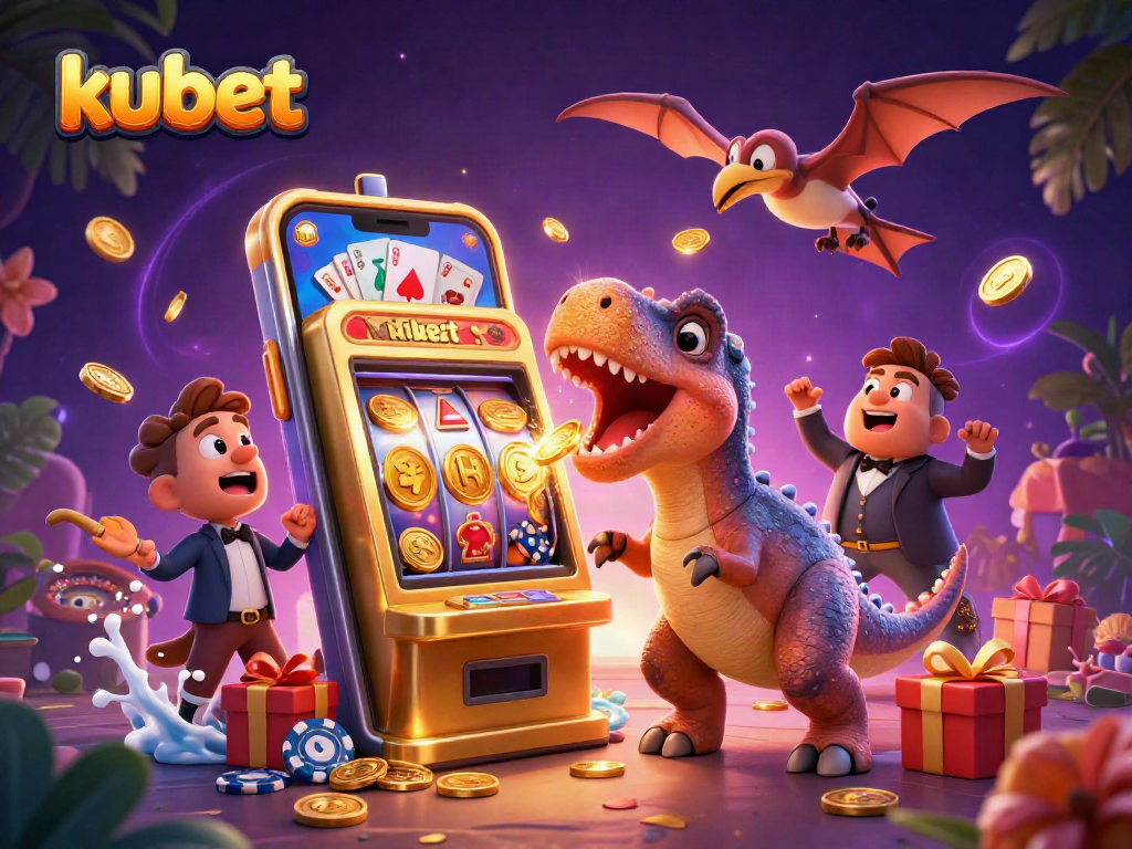 Kubet casino's exhilarating scene with a pachycephalosaurus celebrating a jackpot at a slot machine, dynamic gaming elements, and thrilling action everywhere.