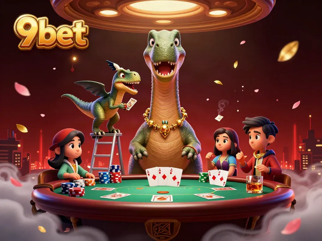 Engage in thrilling 9bet poker with a giant brontosaurus overseeing a dynamic table scene.