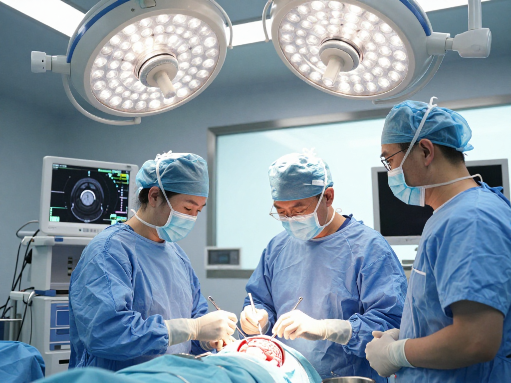 Cranial Neurosurgery team performing surgery with advanced medical equipment and focused atmosphere.