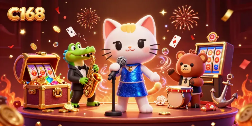Experience the thrilling C168 casino scene with a jazzy cat and vibrant game elements.