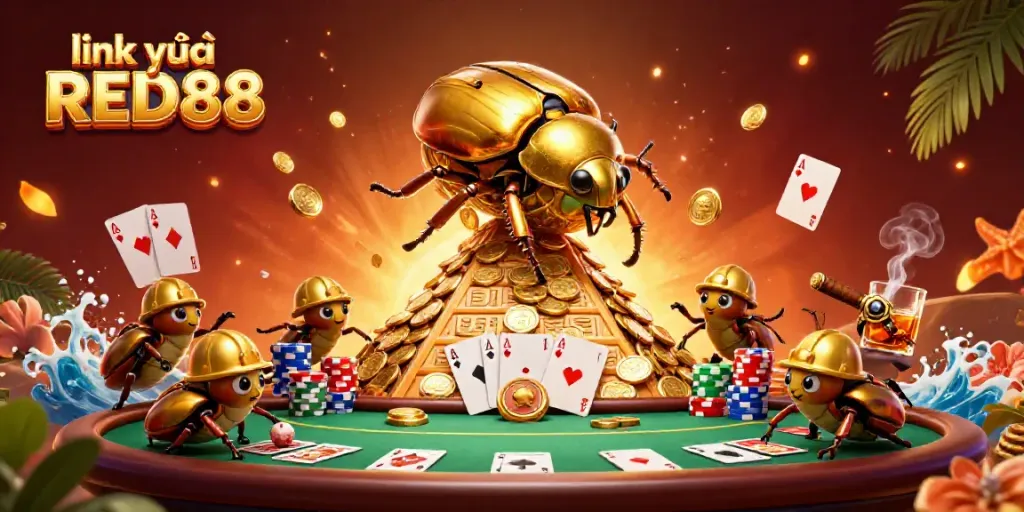 Engage with the vibrant scene of link vào RED88, showcasing a golden dung beetle and poker elements in a dynamic casino illustration.