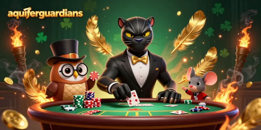aquiferguardians mengatur permainan kartu di kasino dengan nuansa mewah dan karakter lucu