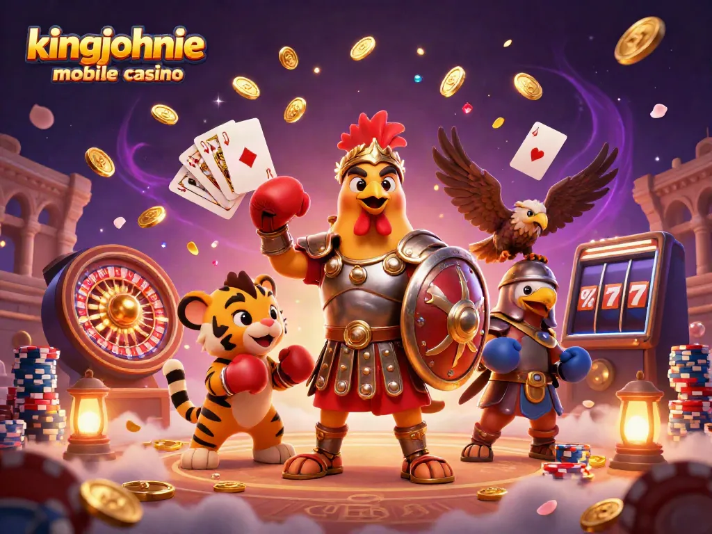 Experience kingjohnnie mobile casino action with a dynamic 3D scene full of vibrant gaming elements.