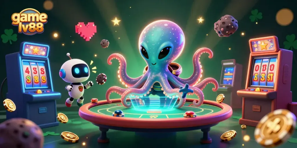 Engage with game lv88 in a vibrant 3D casino scene filled with slots and poker excitement.