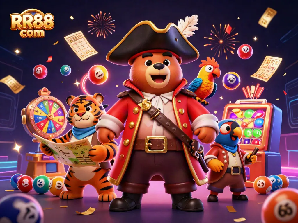 Experience the thrill of RR88 com with a vibrant 3D casino illustration showcasing exciting lottery games and celebrations.