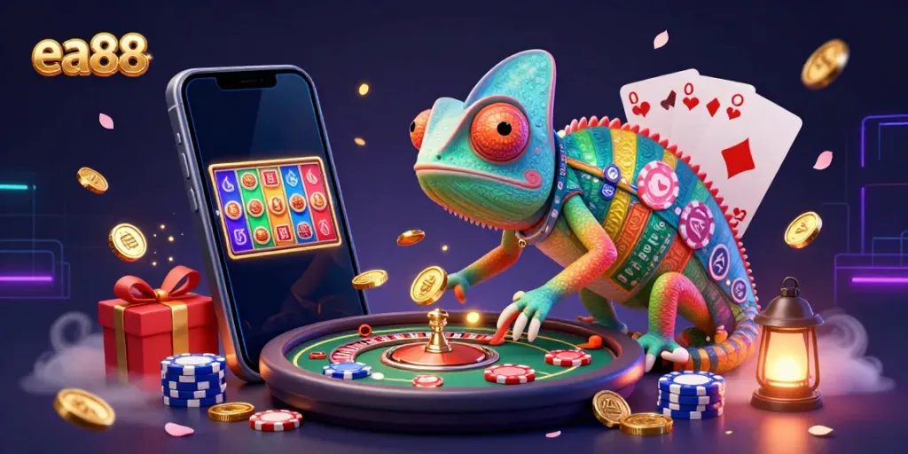 ea88 chameleon casino owner collects coins while overseeing poker and roulette games in vibrant 3D.