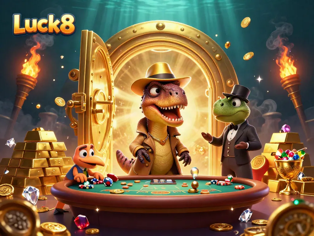 Play cards with Luck8 in a vibrant 3D casino scene featuring unique characters and gold treasure.