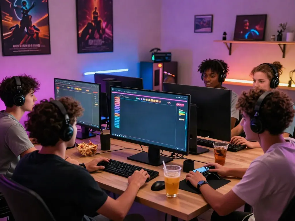 Exciting online gaming session showcasing slot gacor hari ini with friends sharing fun and snacks.