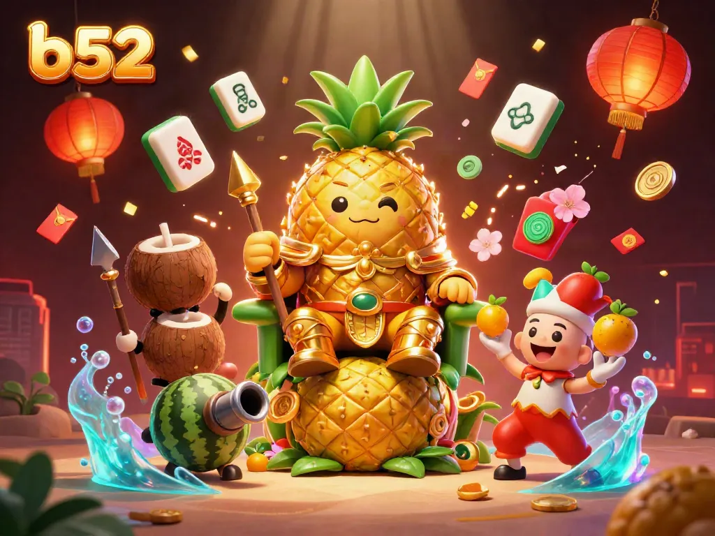 Engage with the lively b52 casino scene featuring a golden pineapple king and vibrant gambling elements.