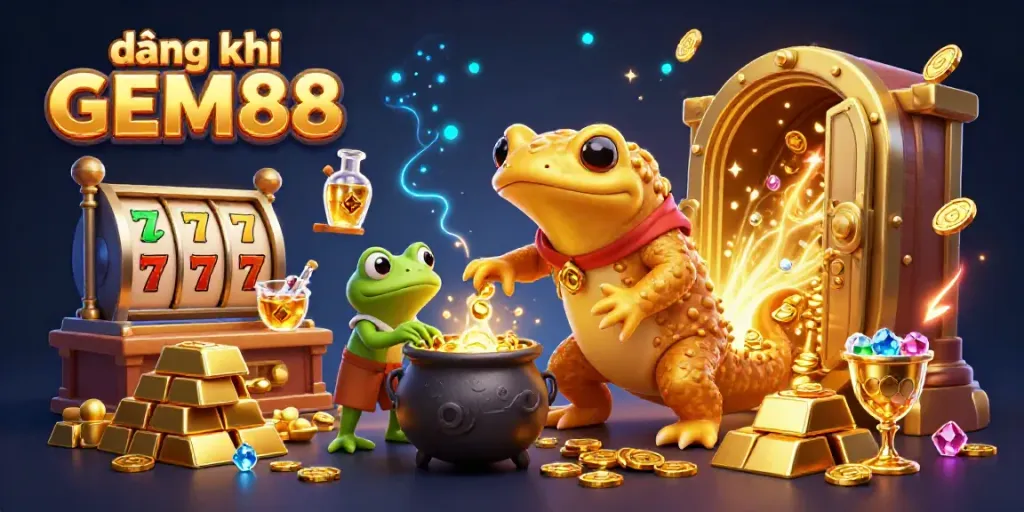 Experience the thrill of đăng ký GEM88 with vibrant slot reels and sparkling treasures in action.