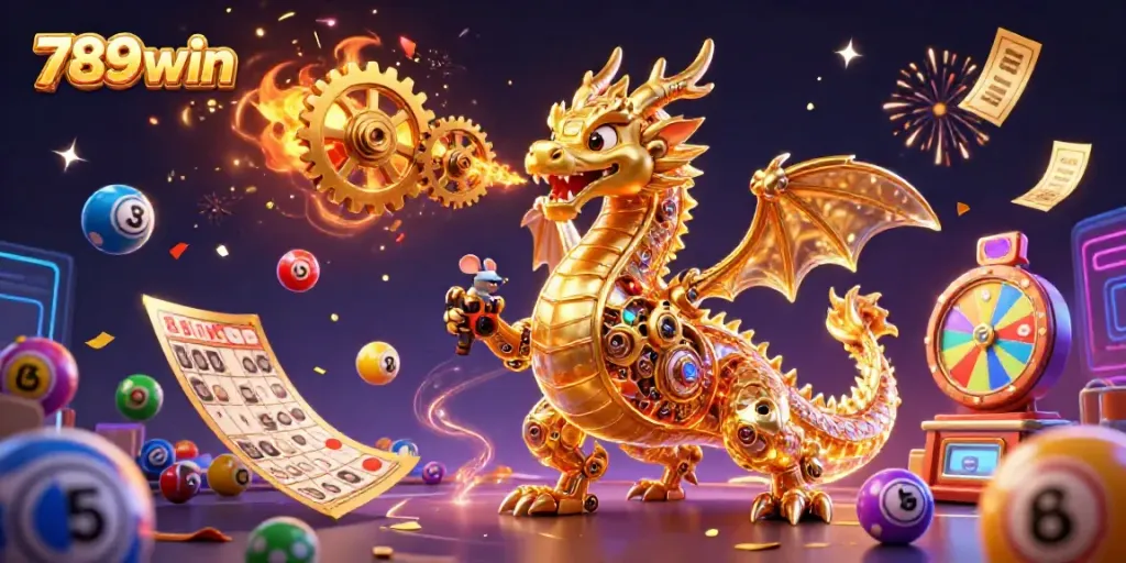 Engage with the thrilling 789win experience featuring a golden dragon amid a vibrant casino celebration.