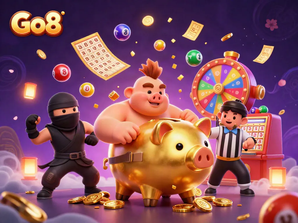 Experience excitement with Go8 as a golden sumo piggy bank stomps amid colorful lottery elements.