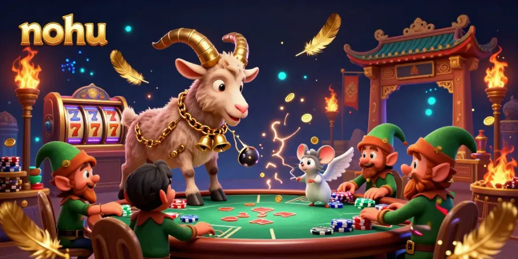 NoHu casino scene with Krampus goat, angel mouse, and elf gremlins gaming and stealing poker chips.