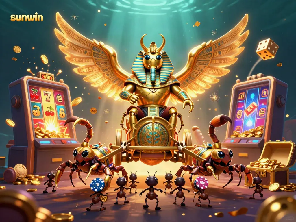 Engage with thrilling casino adventures through sunwin's vibrant gaming tableau featuring slot machines and energetic elements.