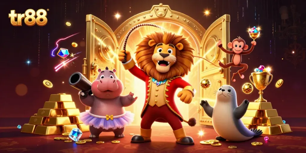 Join the fun with tr88 at a vibrant casino scene featuring playful characters and sparkling treasures.