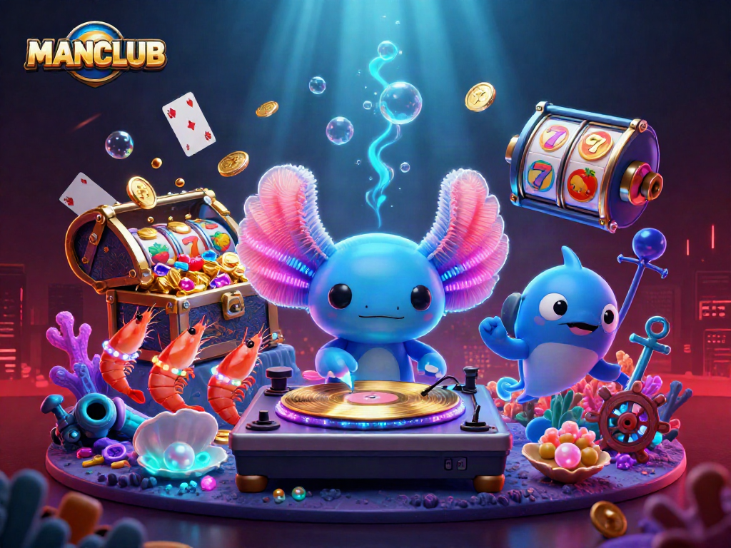 Engage with MANCLUB's dynamic underwater casino scene featuring vibrant characters and thrilling game elements.
