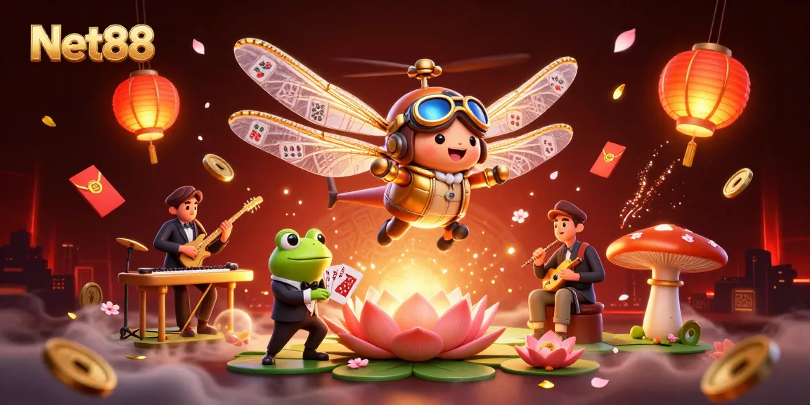 Experience the vibrant world of Net88 with a dynamic dragonfly pilot soaring over a lily pad casino.