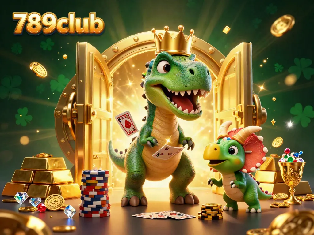 Engage in thrilling gameplay with 789club, featuring a T-Rex, pterodactyl, and triceratops amidst a treasure-filled casino scene.