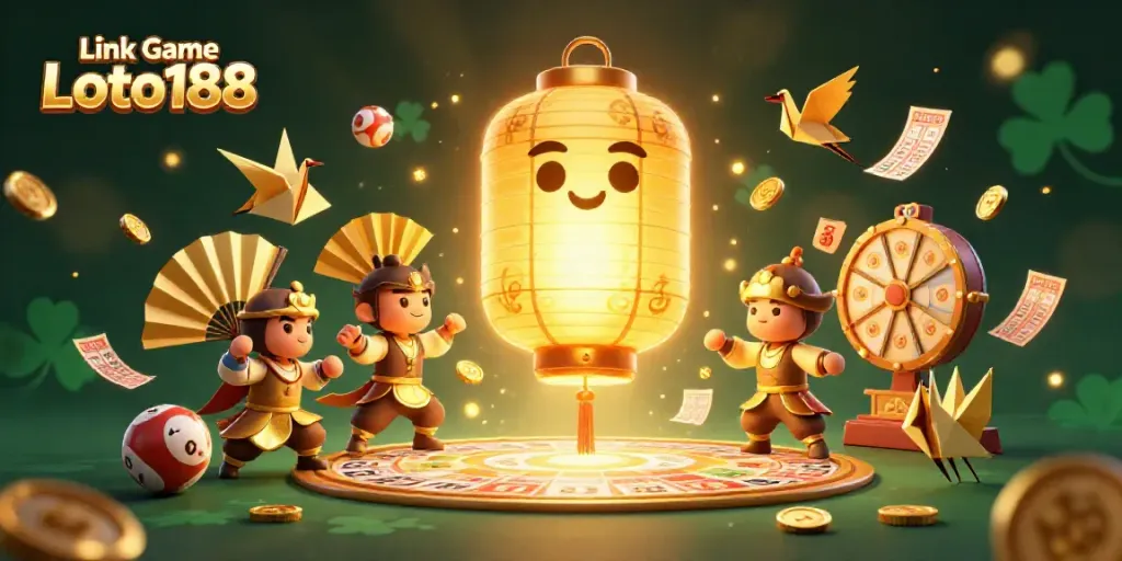 Experience the excitement of Link Game Loto188 with a vibrant illustration of a mystical lantern spirit and lottery elements.