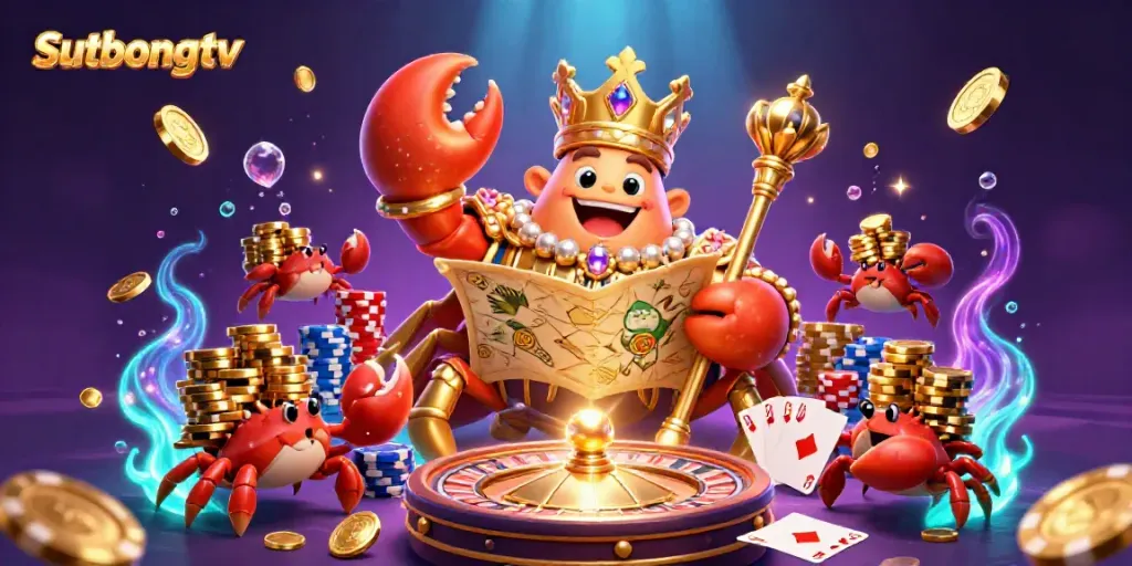 Sutbongtv delivers an exciting scene of a golden crab emperor in a dynamic casino atmosphere surrounded by coins, cards, and colorful chips.