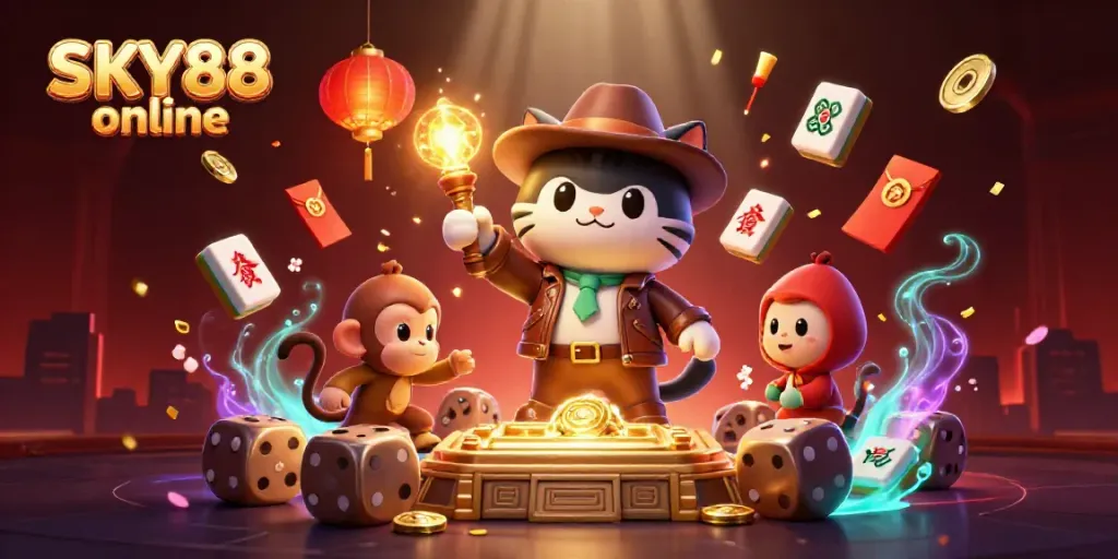 Engaging 3D depiction of SKY88 online casino exploration featuring a cartoon archaeologist cat.