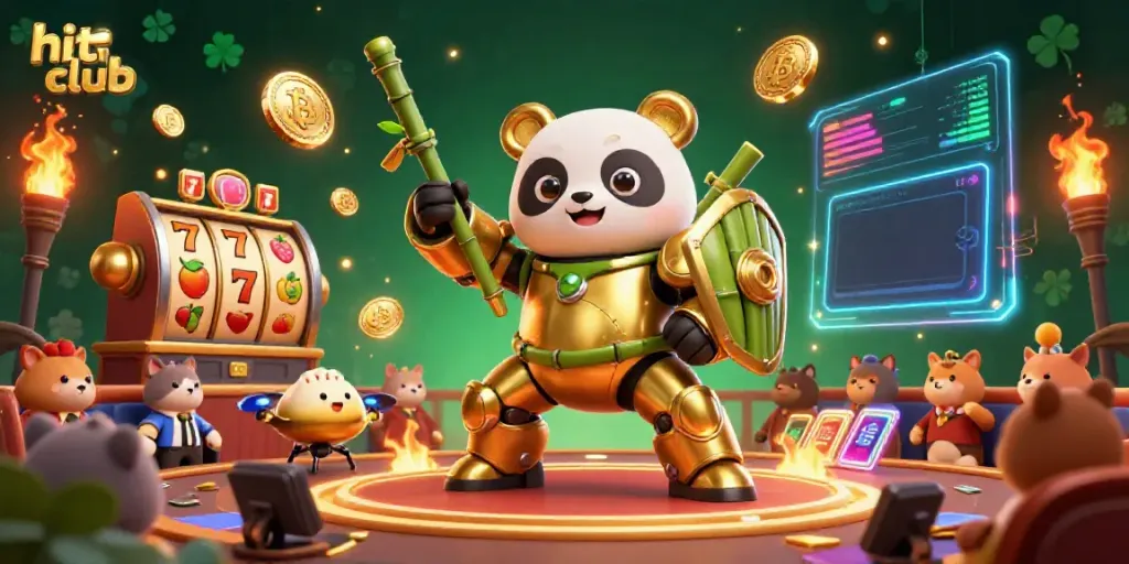 Experience the excitement at hit club with a golden panda robot surrounded by thrilling casino elements.