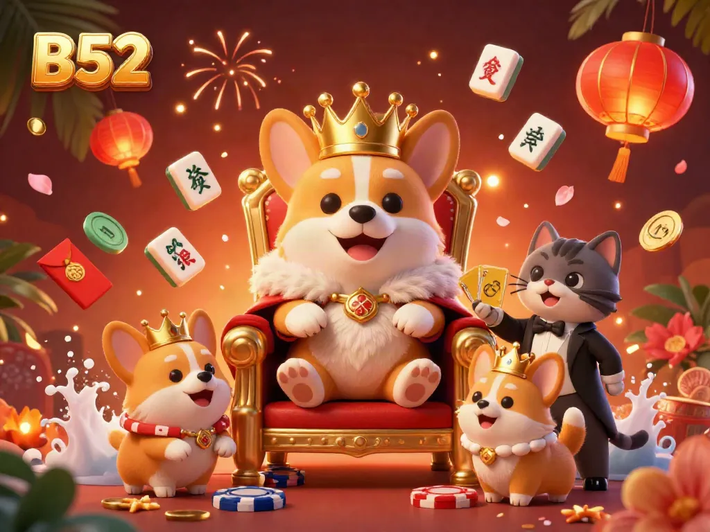 Play B52 with a royal corgi and cat butler in a vibrant casino illustration.