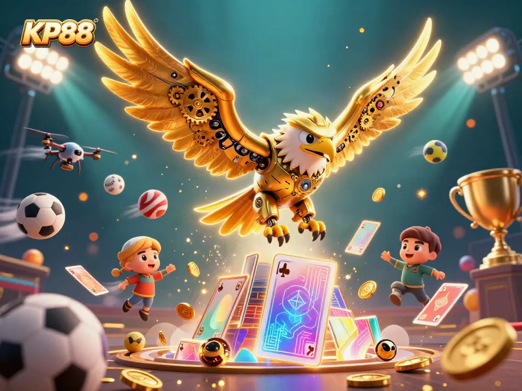 KP88 highlights a cybernetic eagle amidst sports elements, celebrating winning strategies.