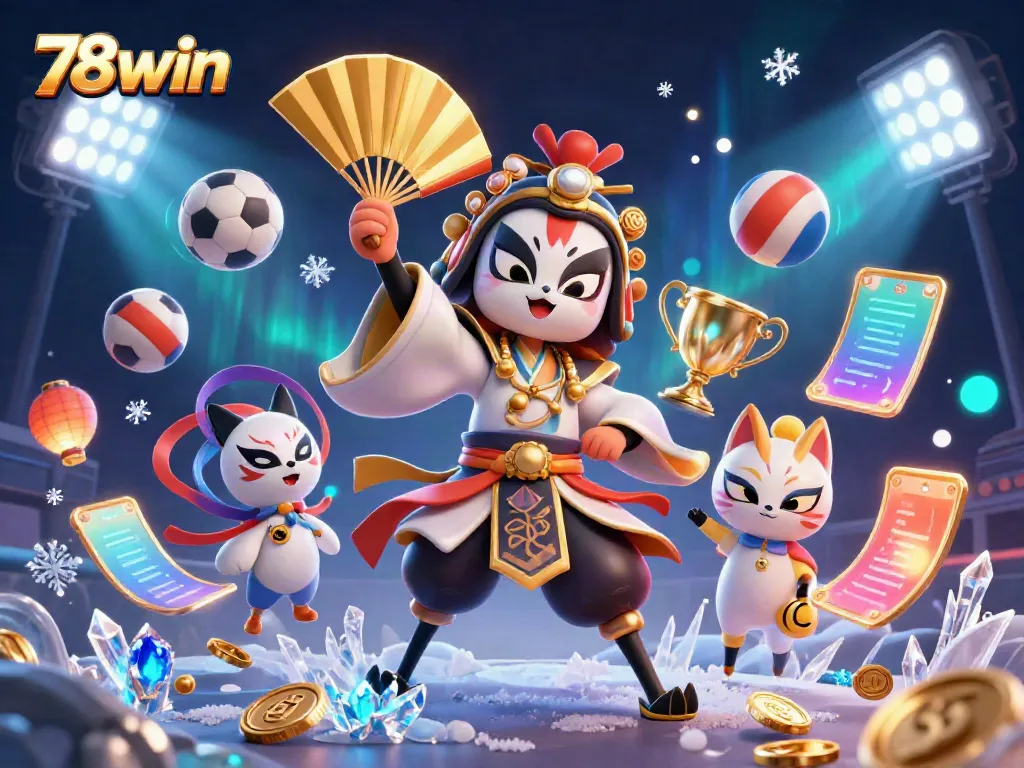 Experience the excitement of 78win with a vibrant scene featuring sports elements and traditional characters.