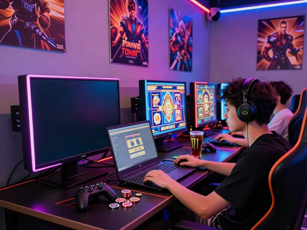 Tuan88 online gaming experience with vibrant room lighting and player engaged with slot games.