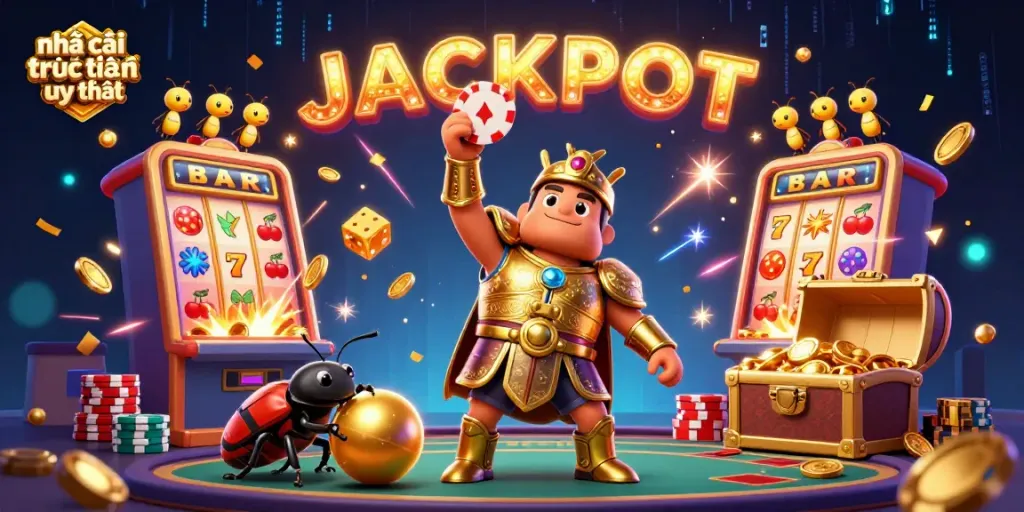 Experience excitement at nhà cái trực tuyến uy tín with animated characters and gambling elements in a vibrant scene.